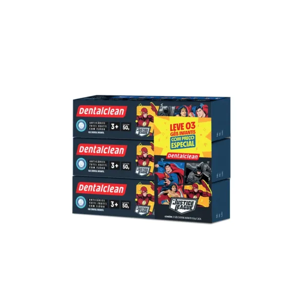 GEL COM FLÚOR DENTALCLEAN HERÓIS INFANTIL 50G PACK COM 3 UNIDADES